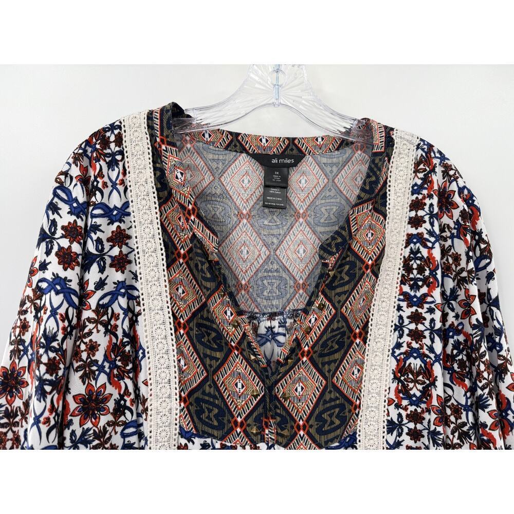 Ali Miles Women's V-Neck 3/4 Sleeve Abstract Blouse Size 3X Boho Modern Casual - Picture 2 of 10
